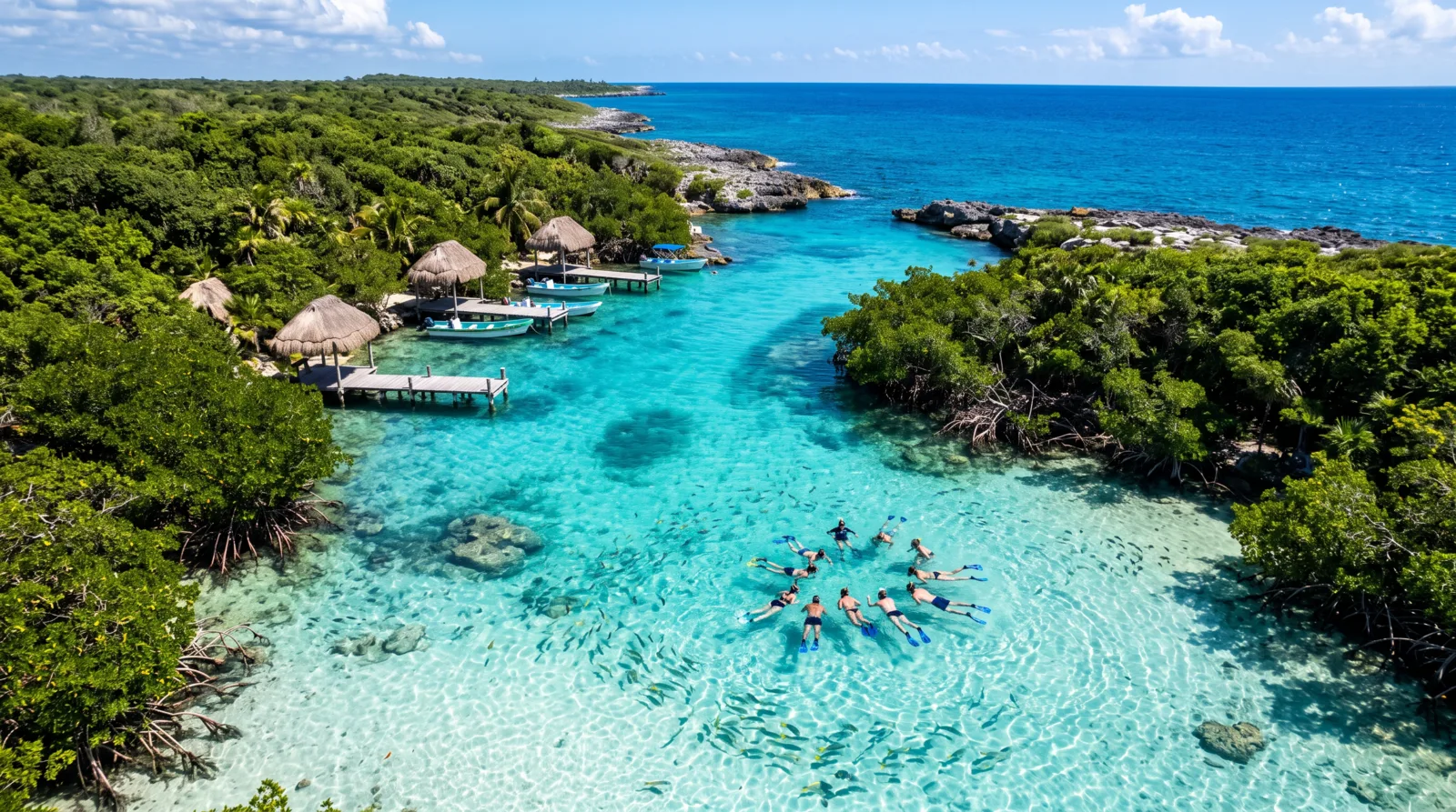 Vista aérea de una caleta turquesa rodeada de manglar, con palapas y personas haciendo snorkel