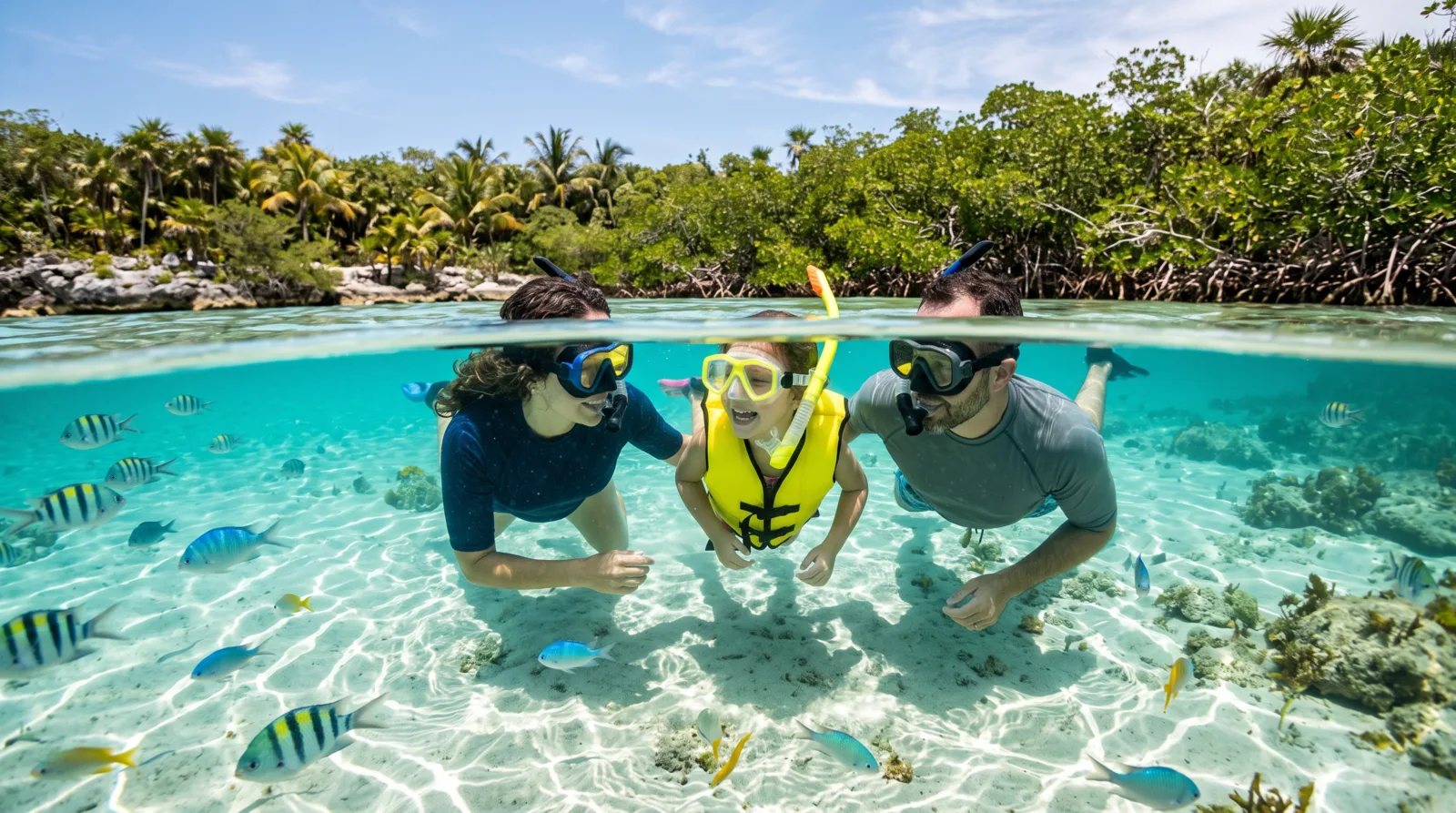 Familia haciendo snorkel en una caleta de agua turquesa rodeada de manglar